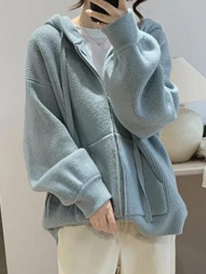 Solid Hooded Zip Up Knit Cardigan - AnotherChill