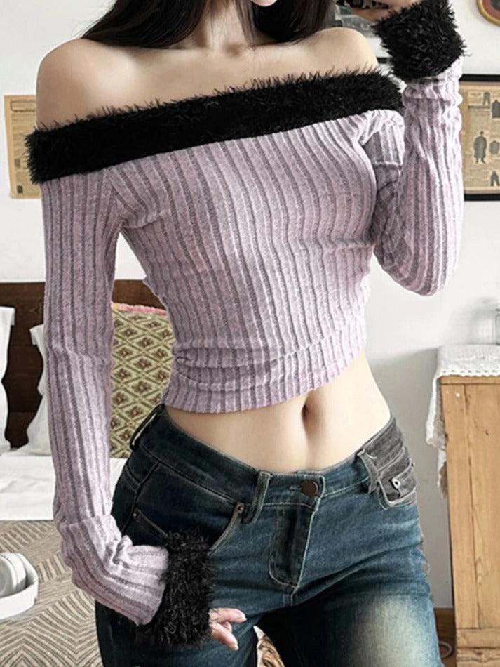 Fuzzy Trim Off Shoulder Cropped Long Sleeve Knit - AnotherChill