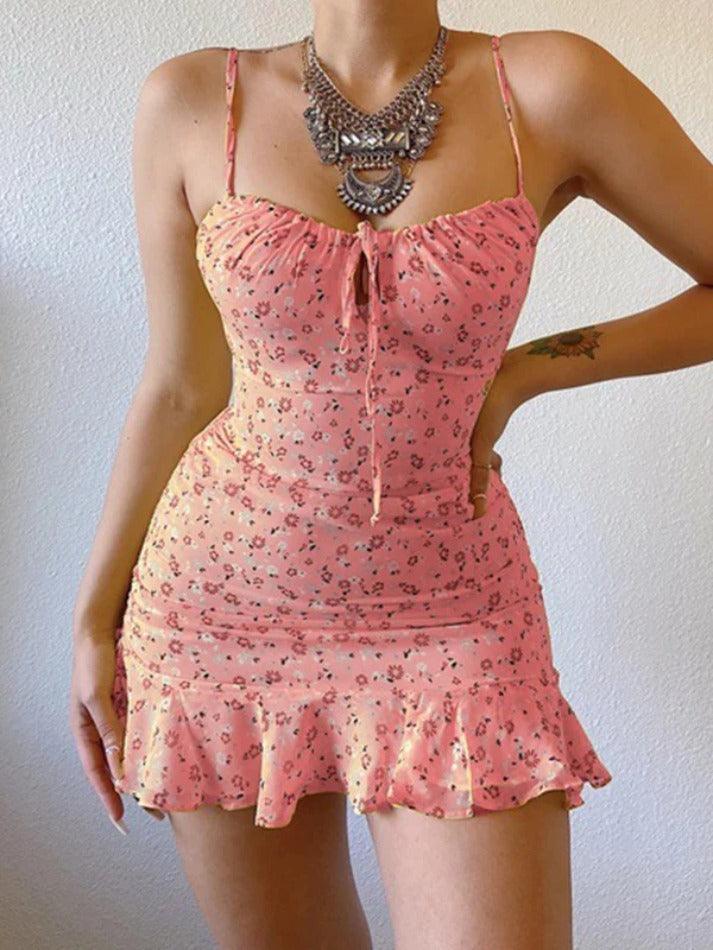 Floral Suspender Chest With Cutout Mini Dress - AnotherChill