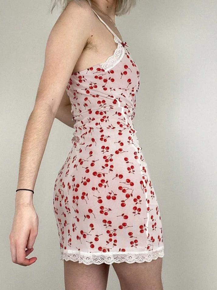 Cherry Print Lace Splice V Neck Mini Dress - AnotherChill