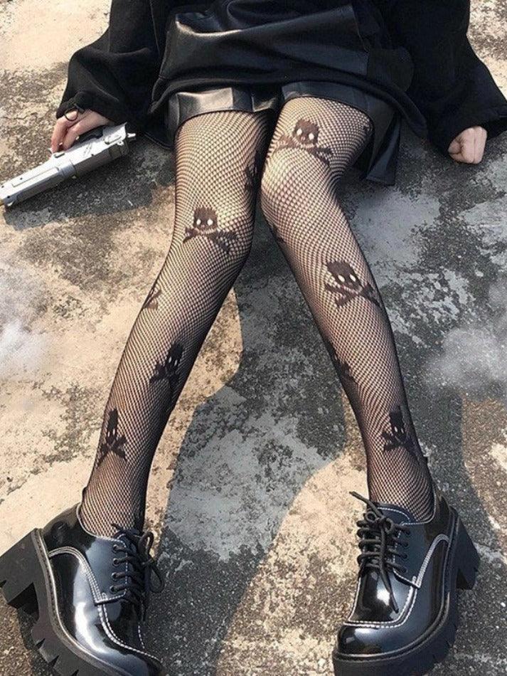 Black Skull Pattern Fishnet Tights - AnotherChill