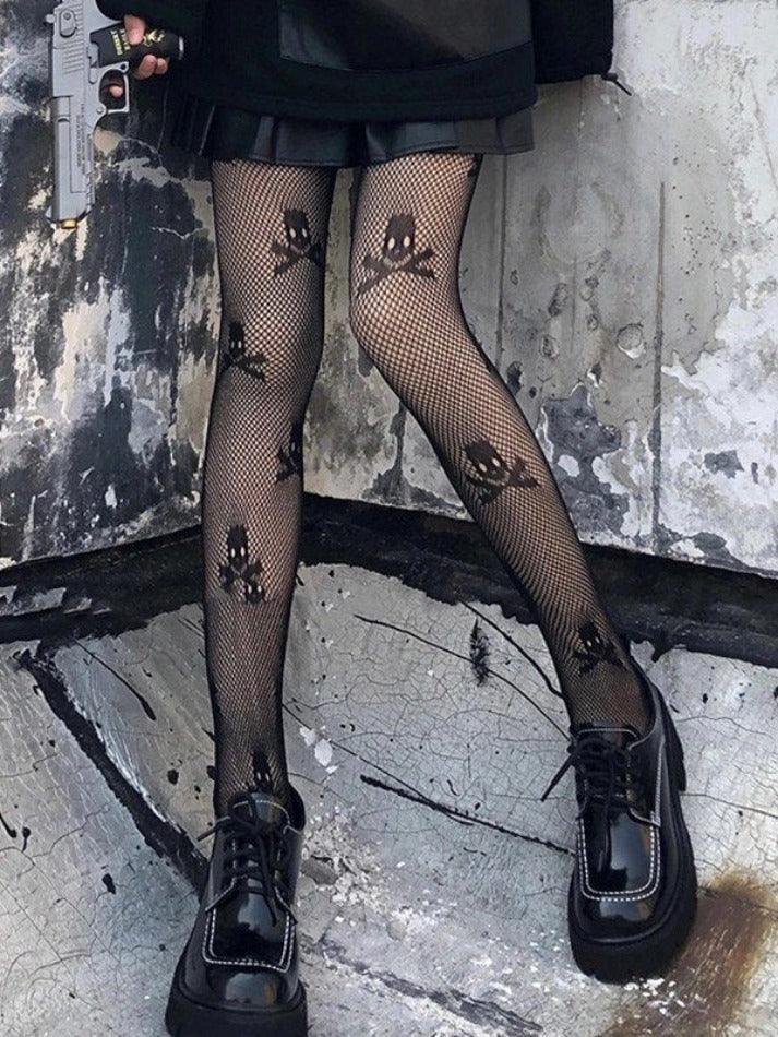 Black Skull Pattern Fishnet Tights - AnotherChill