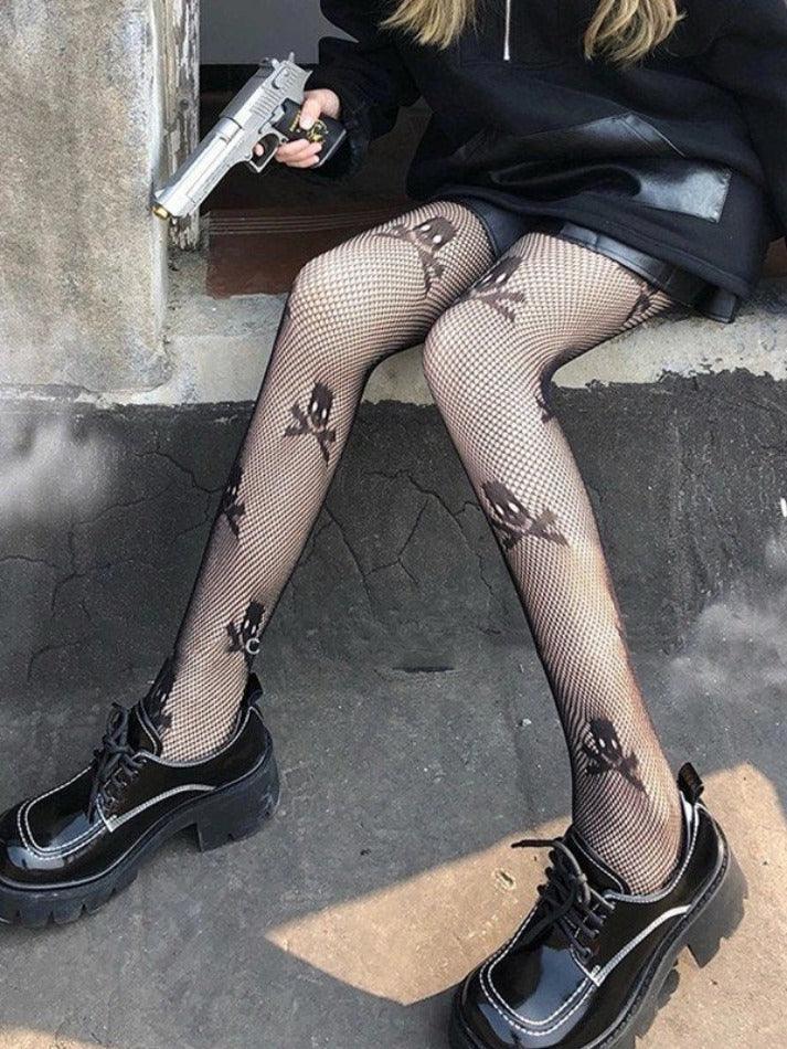 Black Skull Pattern Fishnet Tights - AnotherChill