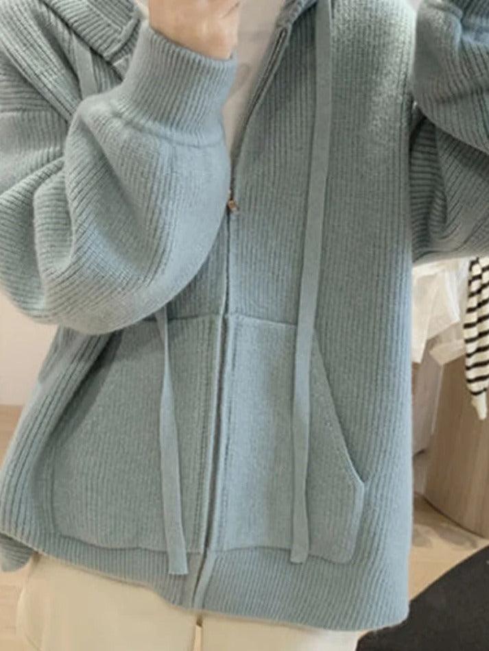 Solid Hooded Zip Up Knit Cardigan - AnotherChill