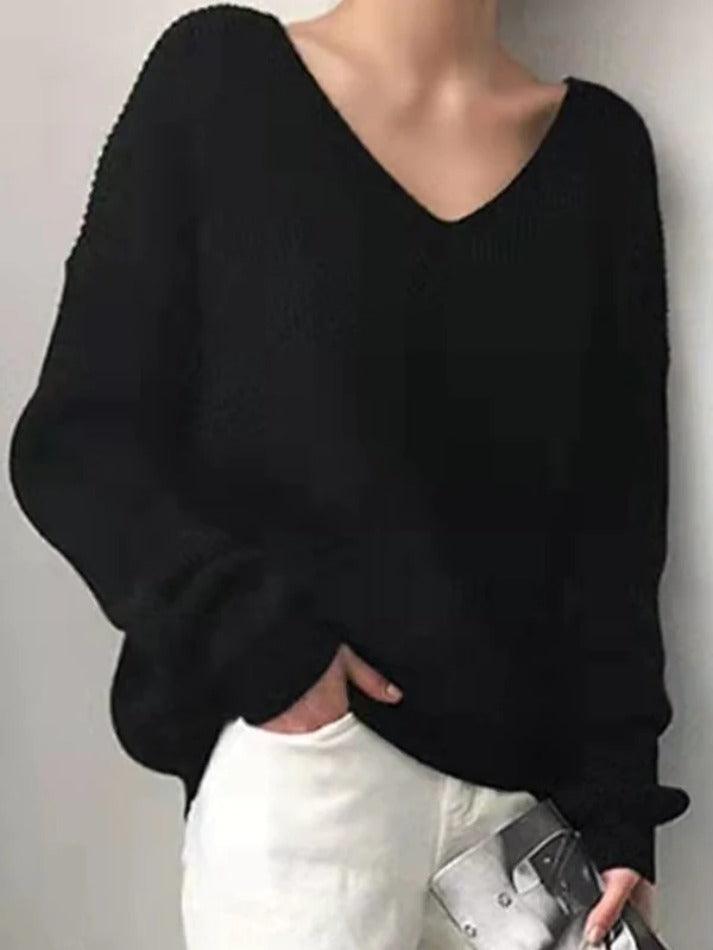 Solid V Neck Irregular Hem Baggy Knit Sweater - AnotherChill