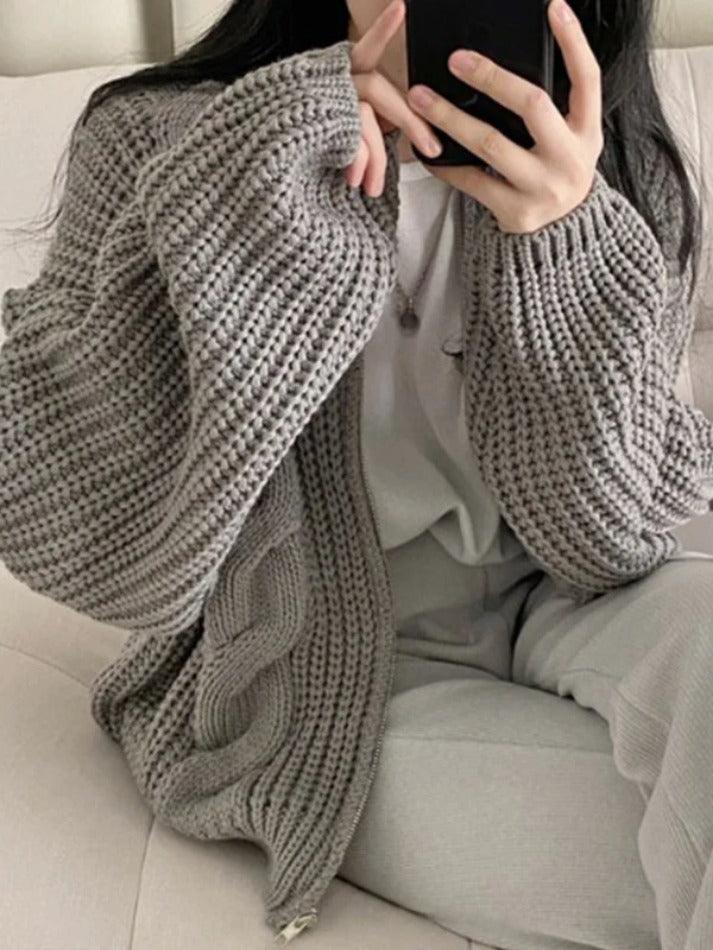 Solid Zip Up Crochet Cable Knit Cardigan - AnotherChill