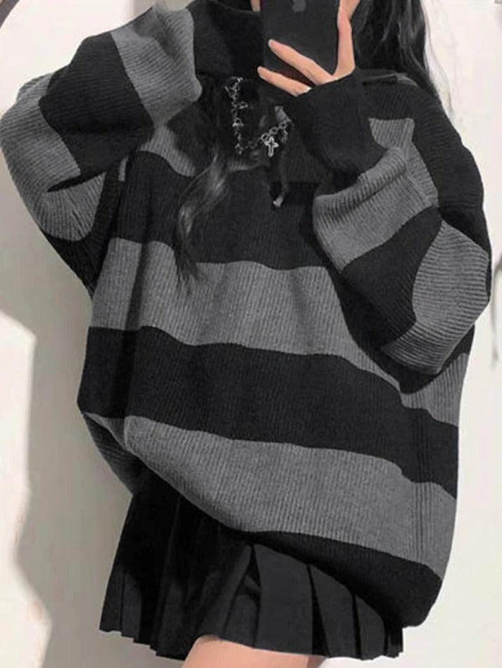 Stripe Splice Hooded Baggy Knit Sweater - AnotherChill