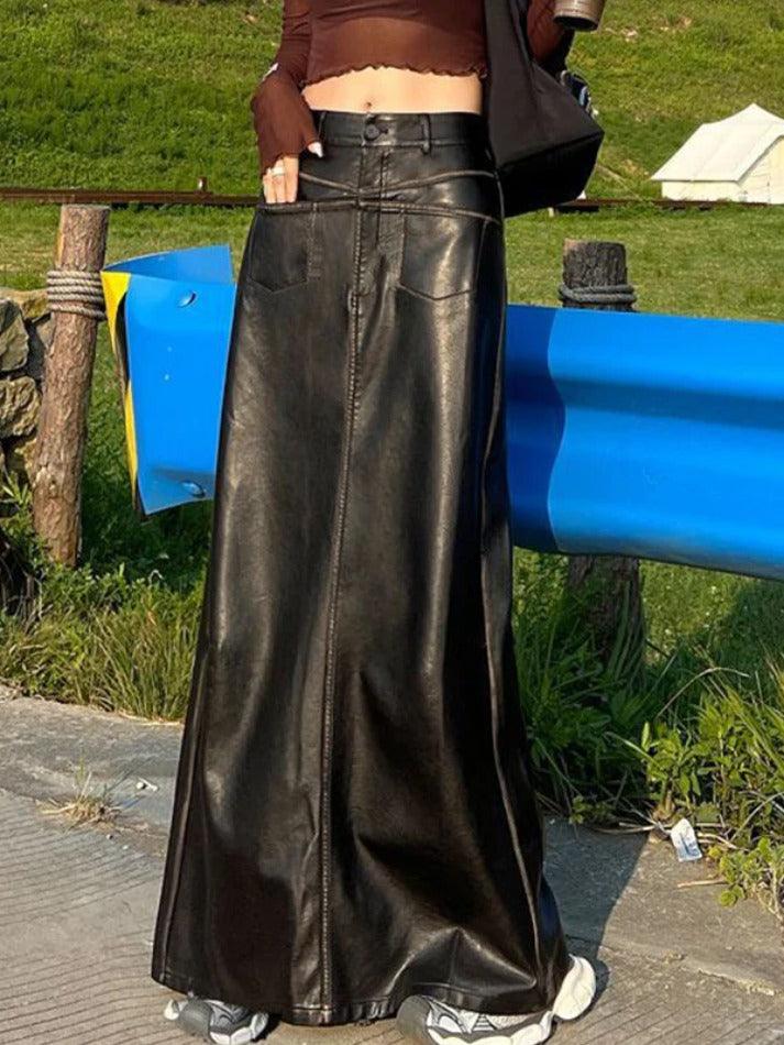 Vintage Leather Multi Pocket Maxi Skirt - AnotherChill