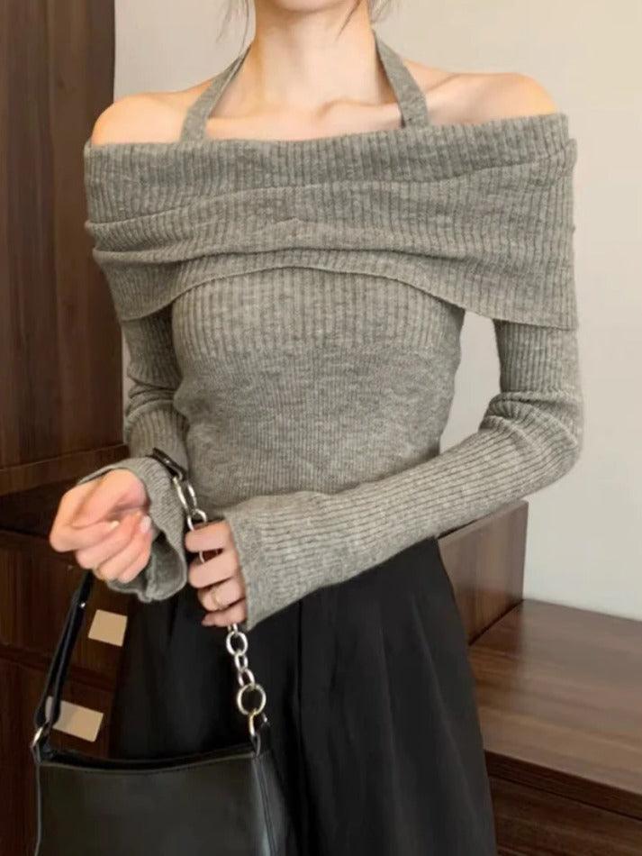 Solid Halter Ruched Cold Shoulder Sweater - AnotherChill