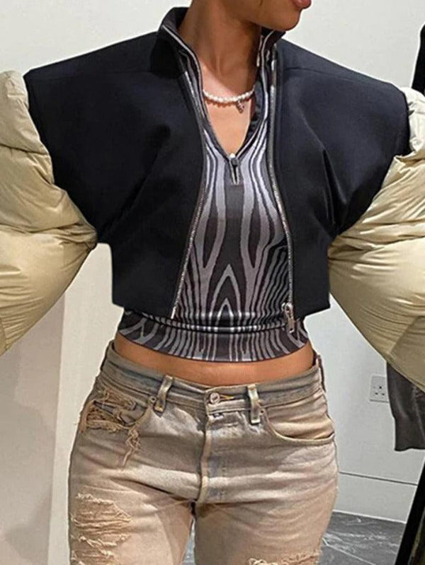 Color Block Patchwork Zip Up Short Jacket - AnotherChill