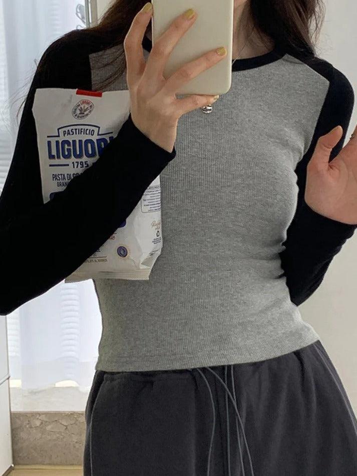 Contrast Color Raglan Slim Long Sleeve Knit - AnotherChill