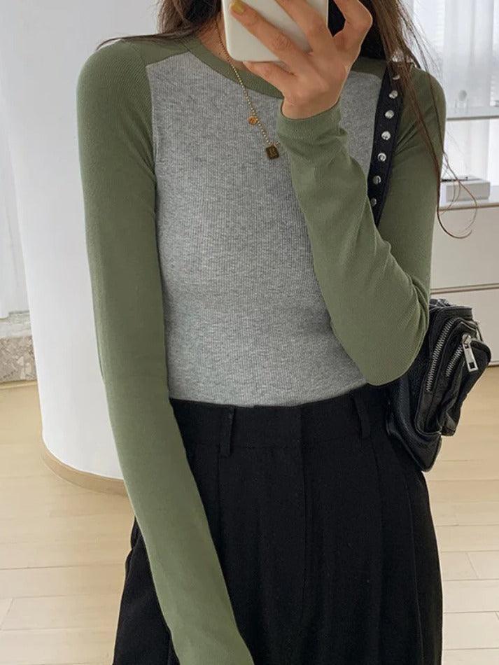 Contrast Color Raglan Slim Long Sleeve Knit - AnotherChill