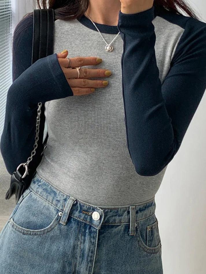 Contrast Color Raglan Slim Long Sleeve Knit - AnotherChill