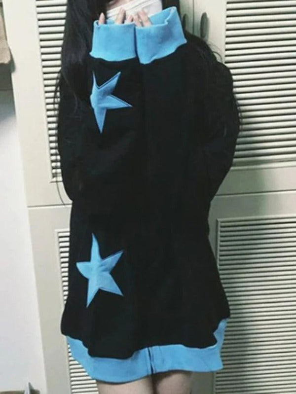 Contrast Color Star Print Oversized Hoodie - AnotherChill