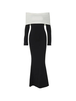 Contrast Color Trim Off Shoulder Long Sleeve Maxi Dress - AnotherChill