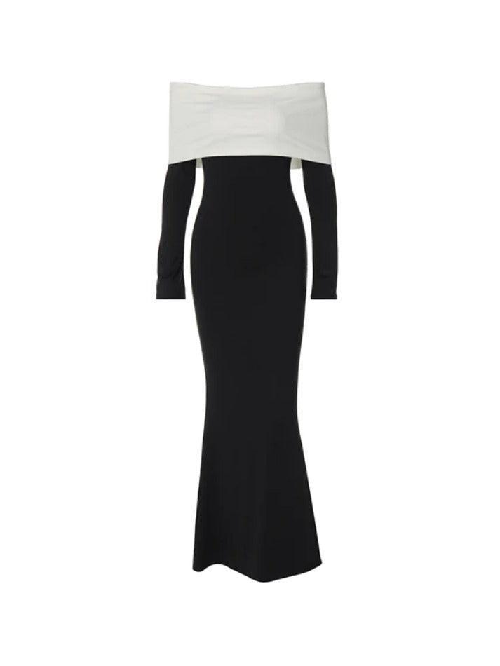 Contrast Color Trim Off Shoulder Long Sleeve Maxi Dress - AnotherChill