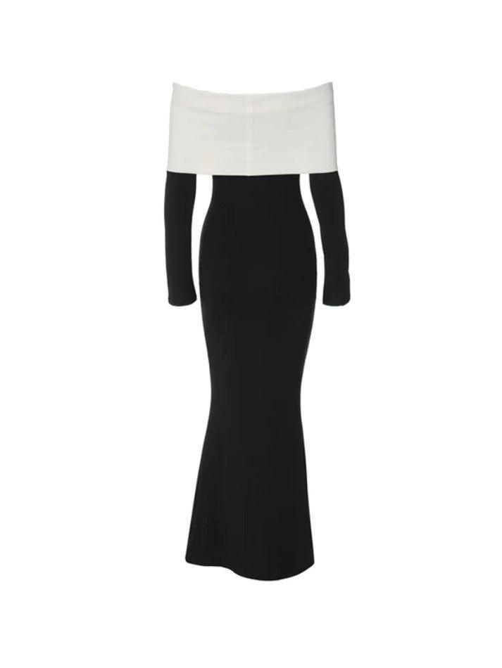 Contrast Color Trim Off Shoulder Long Sleeve Maxi Dress - AnotherChill