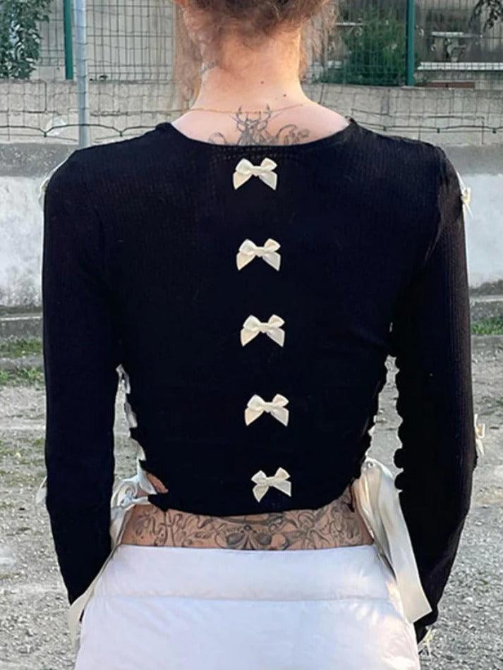 Cutout Lace Up Bow Embellished Long Sleeve Knit - AnotherChill