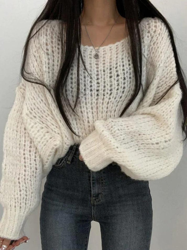 Cutout Lantern Sleeve Baggy Sweater - AnotherChill