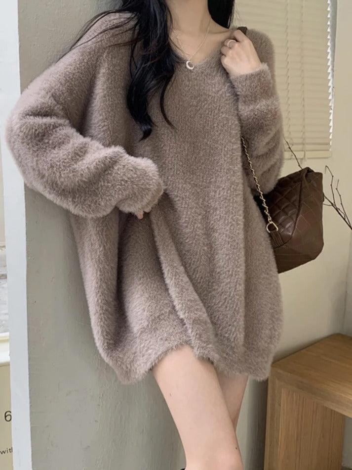 Solid V Neck Fuzzy Loose Sweater - AnotherChill