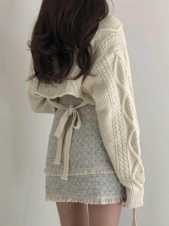 Solid V Neck Tie Back Loose Sweater - AnotherChill