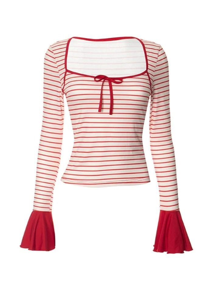 Striped Print Bow Trumpet Sleeve Long Sleeve Tee - AnotherChill