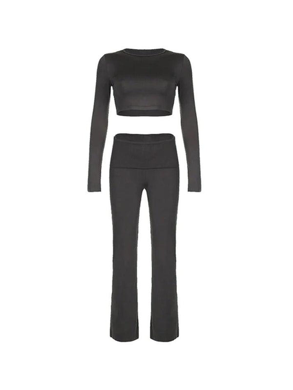 Solid Cropped Slim Long Sleeve Tee & Flared Sweatpants Set - AnotherChill