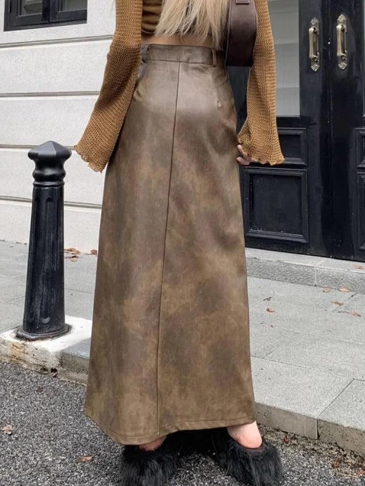 Vintage Brown High Rise Split PU Leather Midi Skirt - AnotherChill