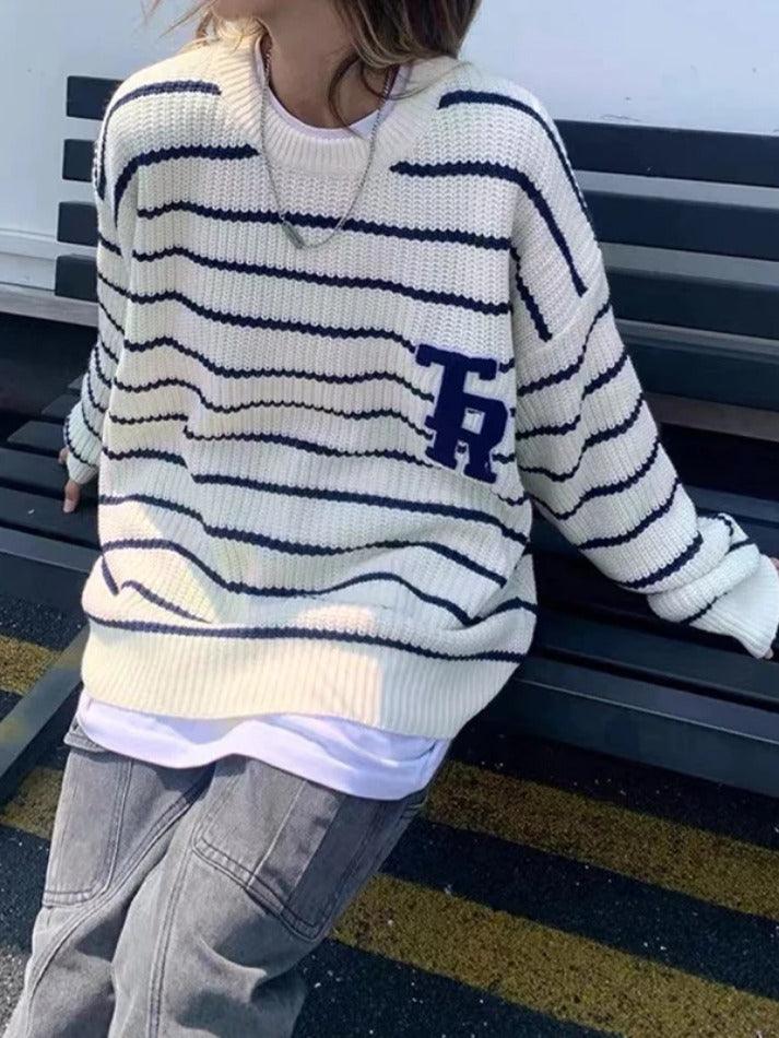 Striped Letter Embroidery Print Pullover Sweater - AnotherChill