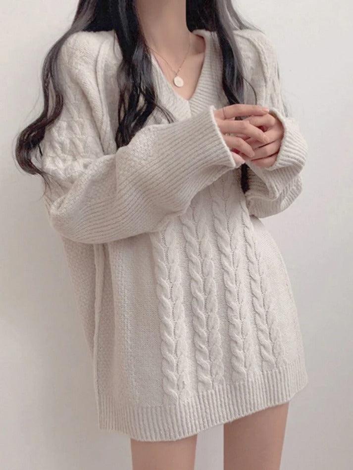 Solid Color V Neck Cable Knit Sweater - AnotherChill