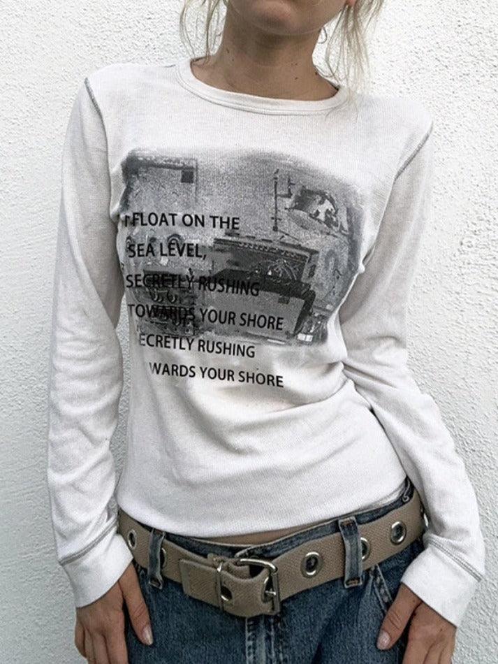 Street Print Top-stitching Long Sleeve Tee - AnotherChill