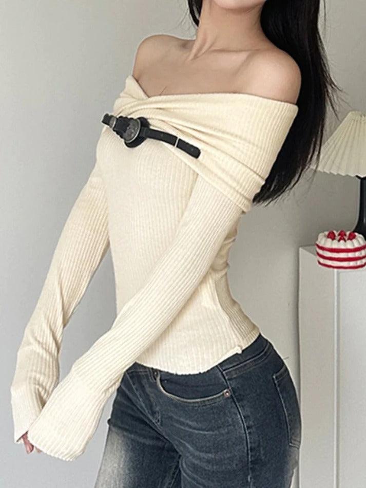 Crossover Off Shoulder Belted Long Sleeve Knit - AnotherChill