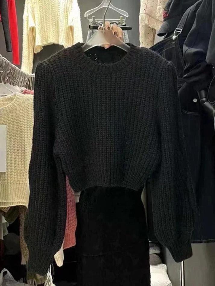 Solid Lantern Sleeve Short Knit Sweater - AnotherChill