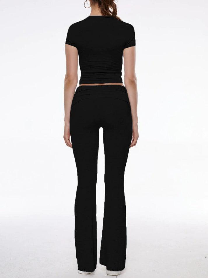 Short Sleeve Cropped Top Fold-over Flare Pants Set - AnotherChill