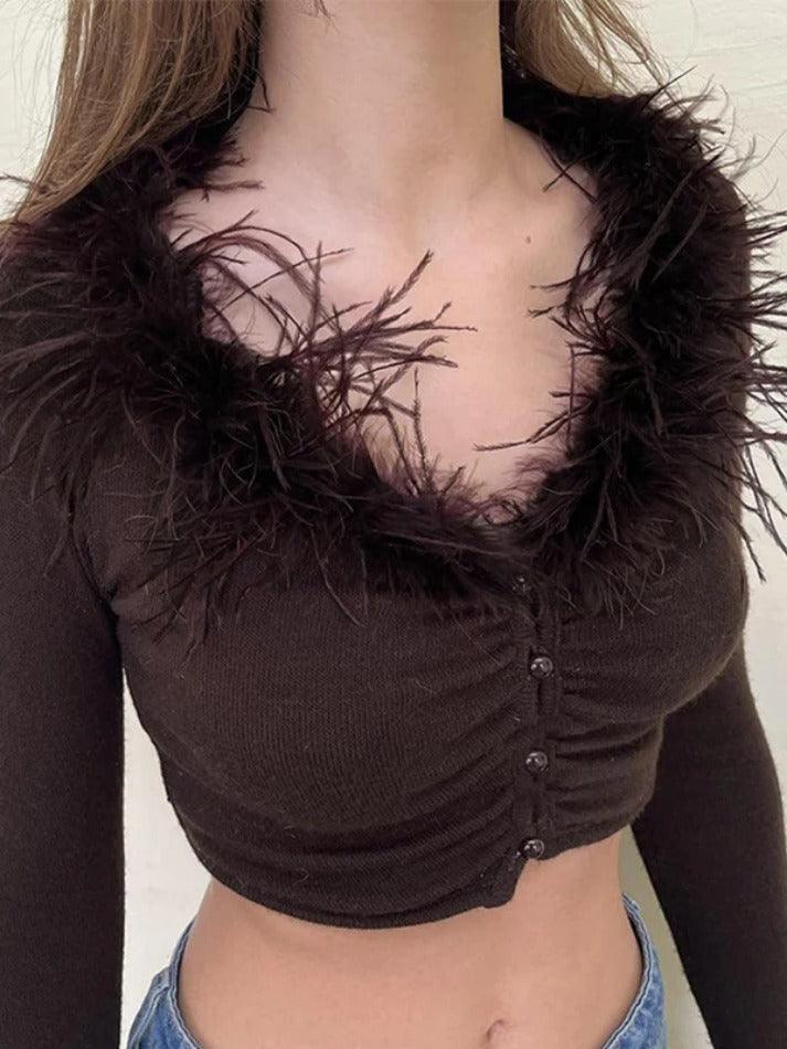 Fuzzy Collar Splice V Neck Shirred Cropped Long Sleeve Knit - AnotherChill