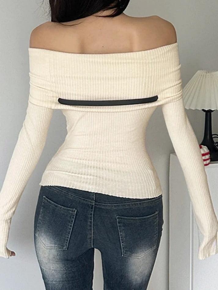 Crossover Off Shoulder Belted Long Sleeve Knit - AnotherChill