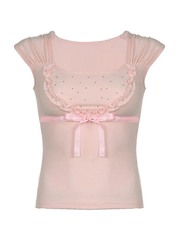 Bow Splice Rhinestone U Neck Short Sleeve Tee - AnotherChill