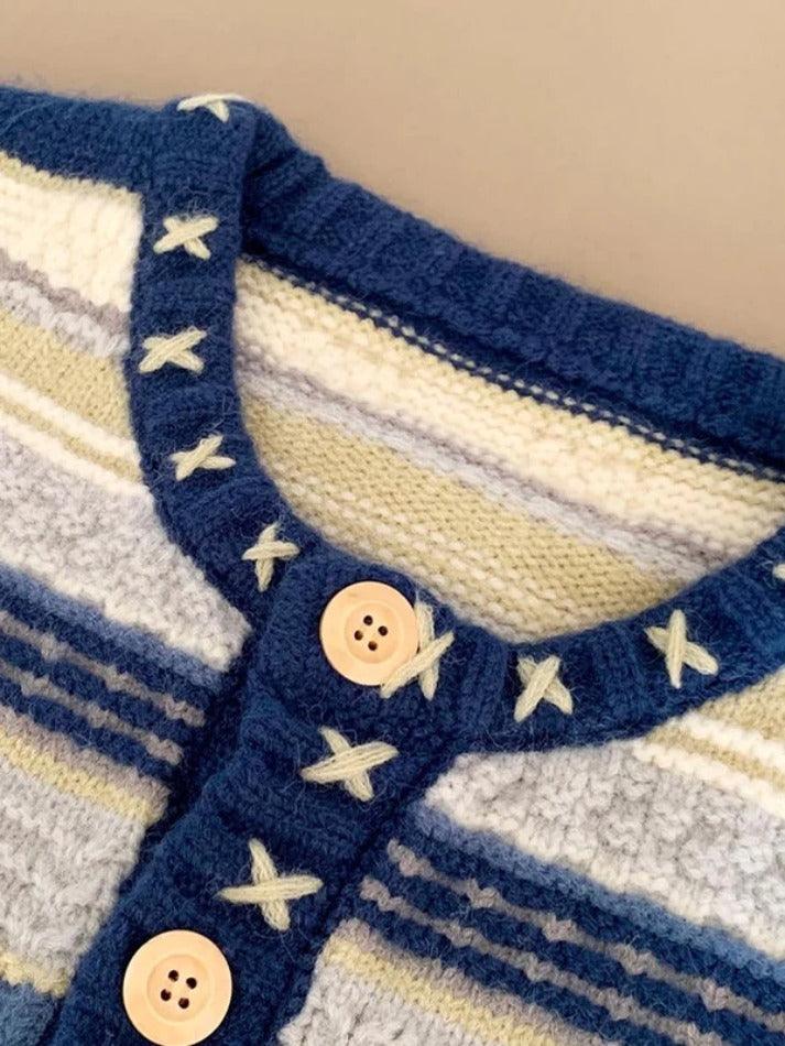 Stripe Splice Crochet Detail Knit Cardigan - AnotherChill