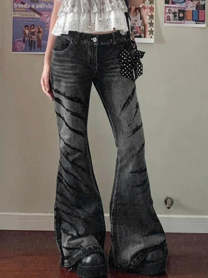 Punk Crackle Print Low Rise Flare Jeans - AnotherChill