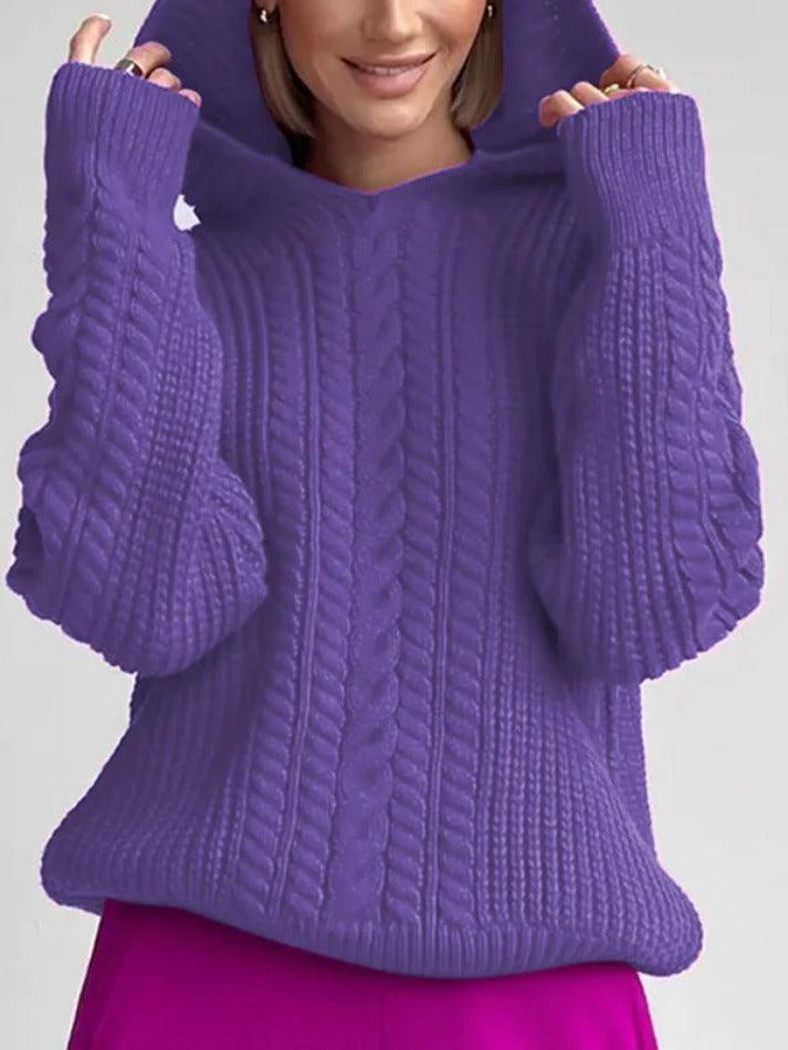 Solid Color Hooded Cable Knit Sweater - AnotherChill