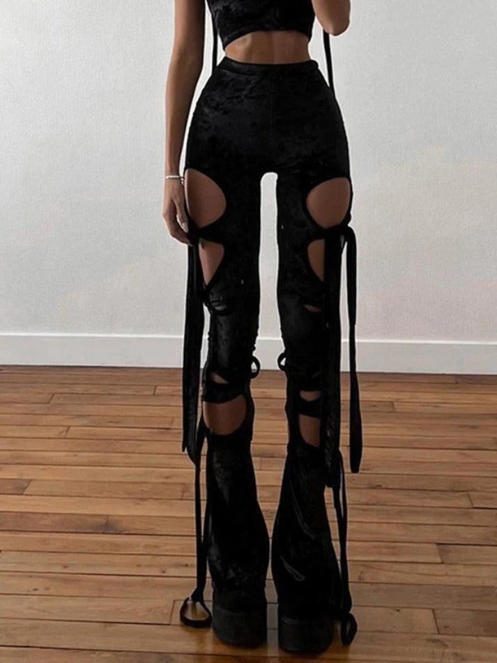 Lace Up Cutout Velvet Flare Leg Pants - AnotherChill