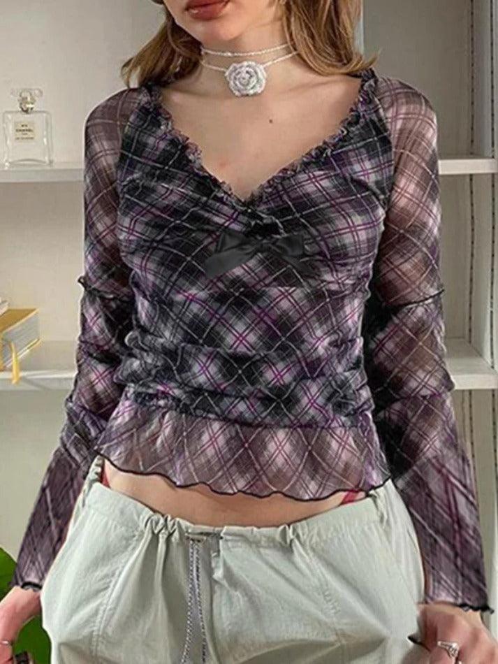 V Neck Plaid Mesh Bow Decor Long Sleeve Tee - AnotherChill