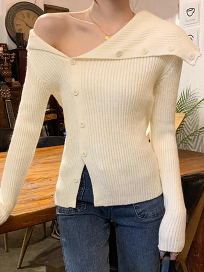 Solid Irregular Lapel Neck Off Shoulder Long Sleeve Knit - AnotherChill