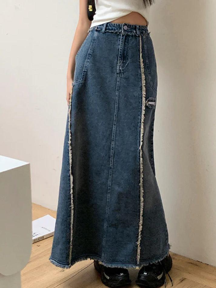 Vintage Raw Edge Splice Slit A Line Maxi Skirt - AnotherChill