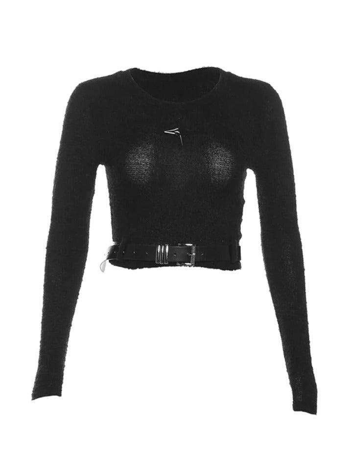 Metal Star Decor Belted Hem Cropped Long Sleeve Knit - AnotherChill