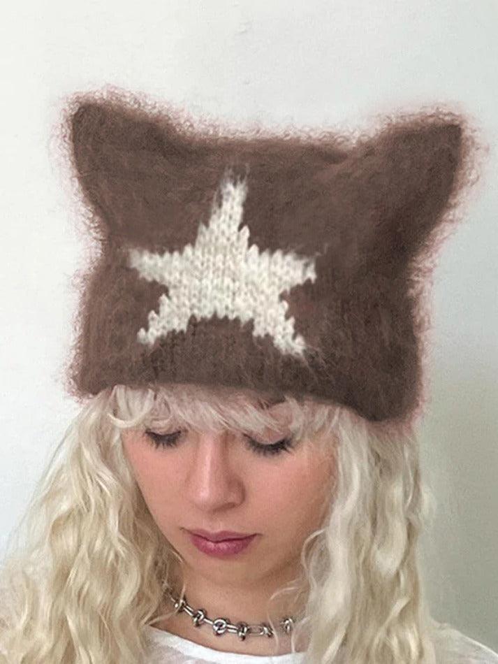 Contrast Color Star Cat Ear Styling Beanie Hat - AnotherChill