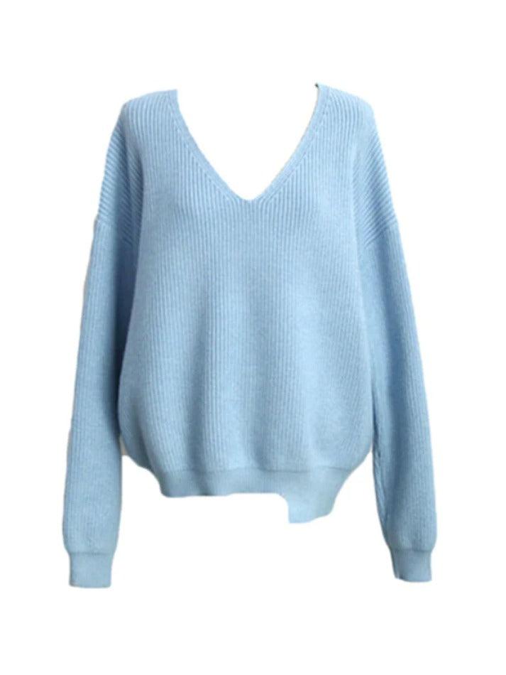 Solid V Neck Irregular Hem Baggy Knit Sweater - AnotherChill