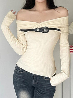 Crossover Off Shoulder Belted Long Sleeve Knit - AnotherChill