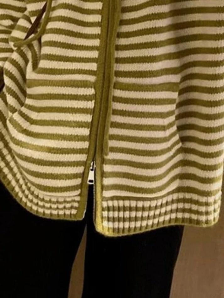 Striped Hooded Double Zip Knit Cardigan - AnotherChill