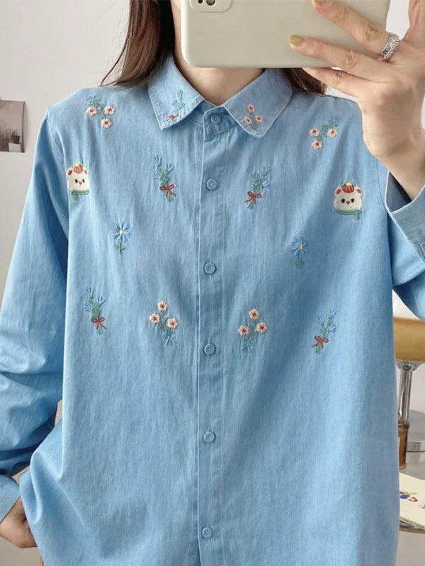 Vintage Bear Flower Embroidery Denim Blouses&Shirts - AnotherChill